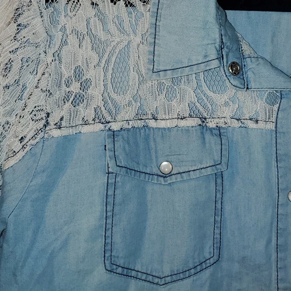 Crazy Train Lace and Denim Pearl Snap Button Up XL - Picture 4 of 11